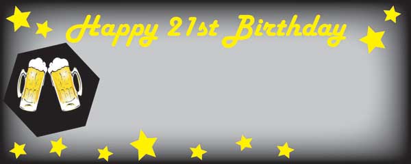 Happy 21st Black and Yellow Beer and Stars Small Personalised Banner - 4ft x 2ft