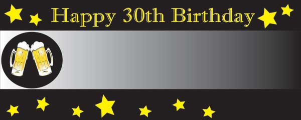 Happy 30th Birthday Black with Yellow Stars and Beer Mug Small Personalised Banner - 4ft x 2ft