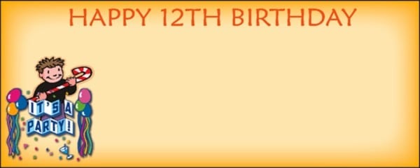 Orange Happy 12th Birthday It's a Party Boy with Candy Cane and Balloons Small Personalised Banner - 4ft x 2ft