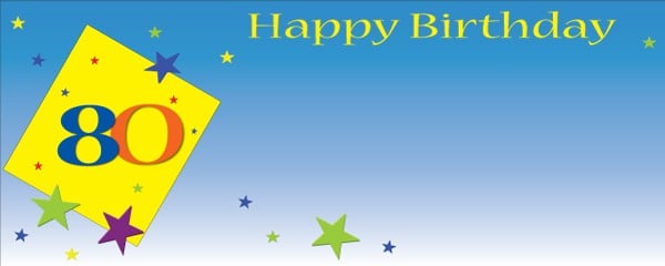 Happy 80th Birthday Blue with Yellow Square Small Personalised Banner - 4ft x 2ft