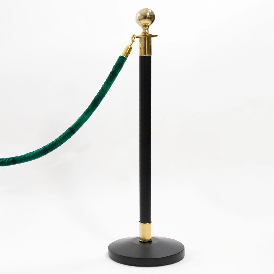 1 Gold Finish Black Stanchion Pole with 1 Dark Green Velvet Rope