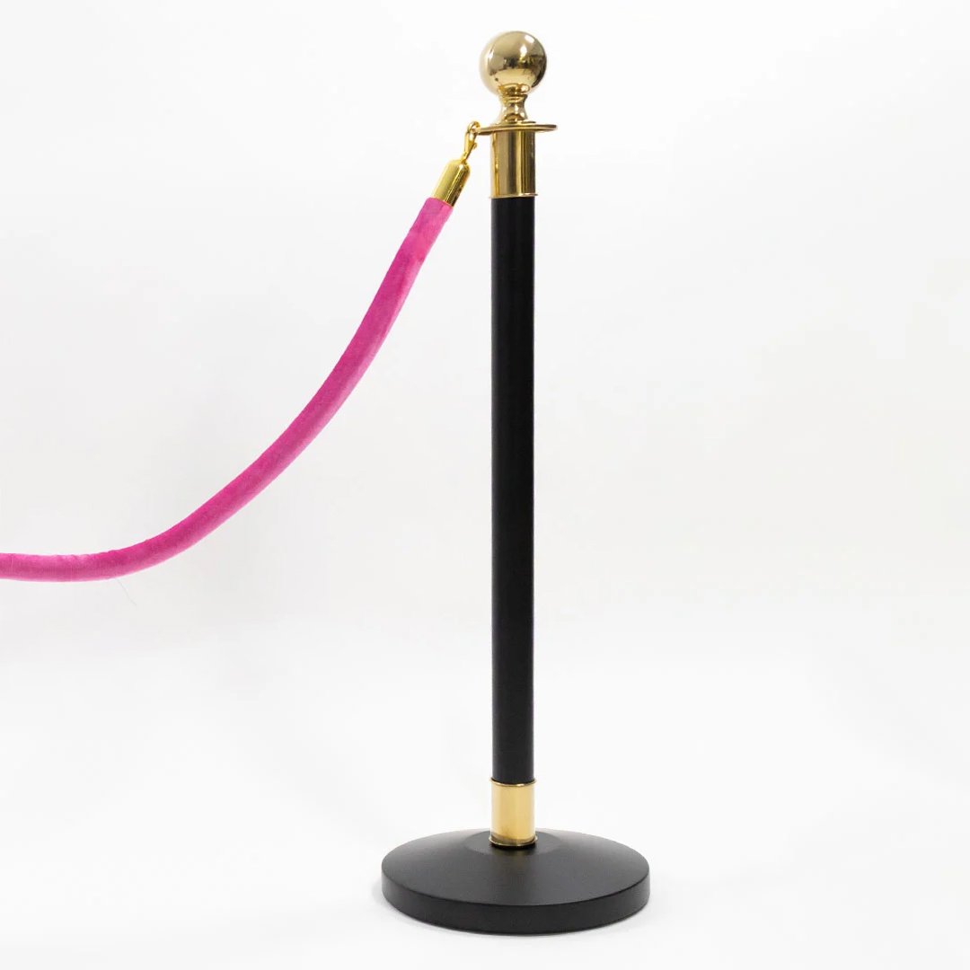 1 Golden Finish Black Stanchion Pole with 1 Hot Pink Velvet Rope