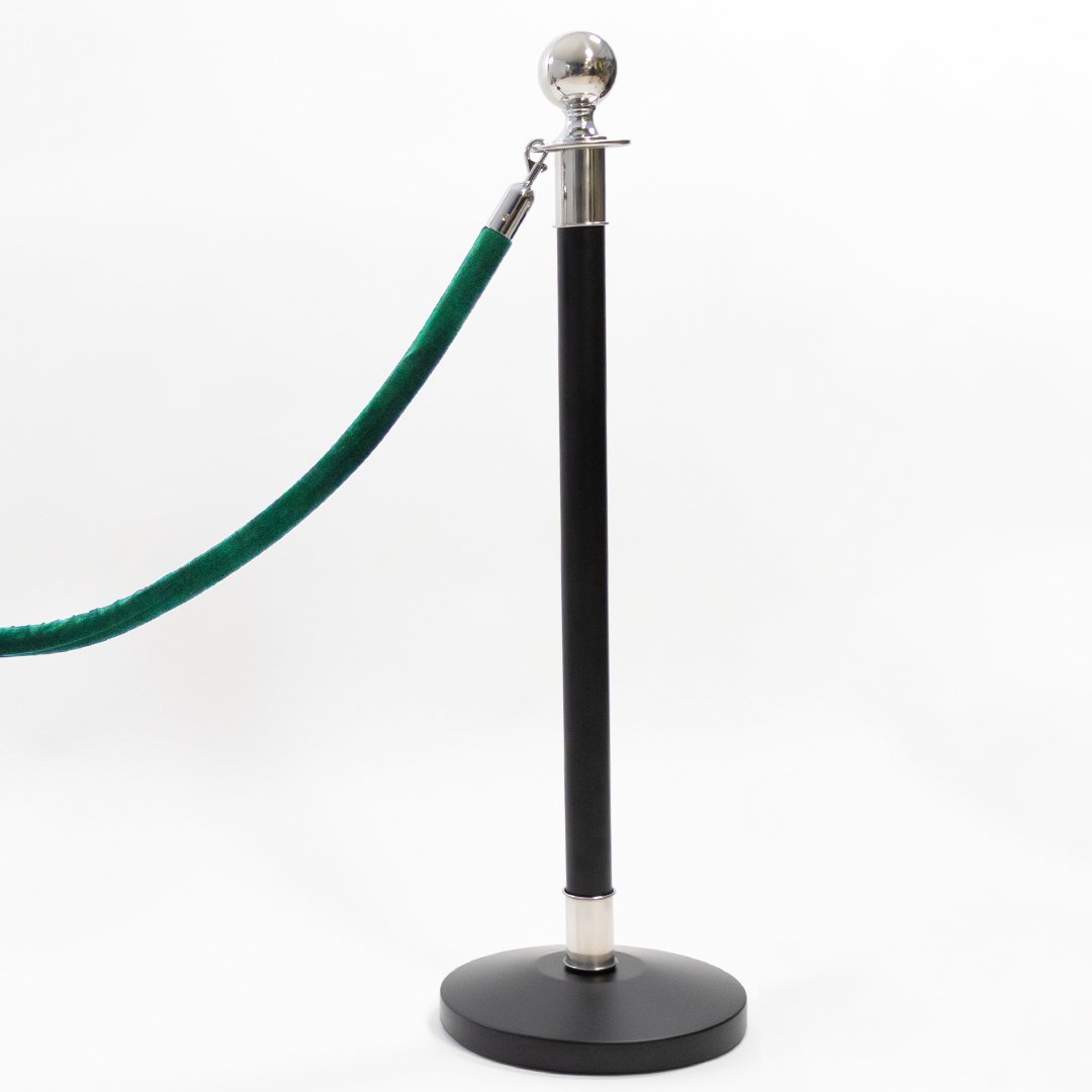 1 Silver Finish Black Stanchion Pole with 1 Dark Green Velvet Rope