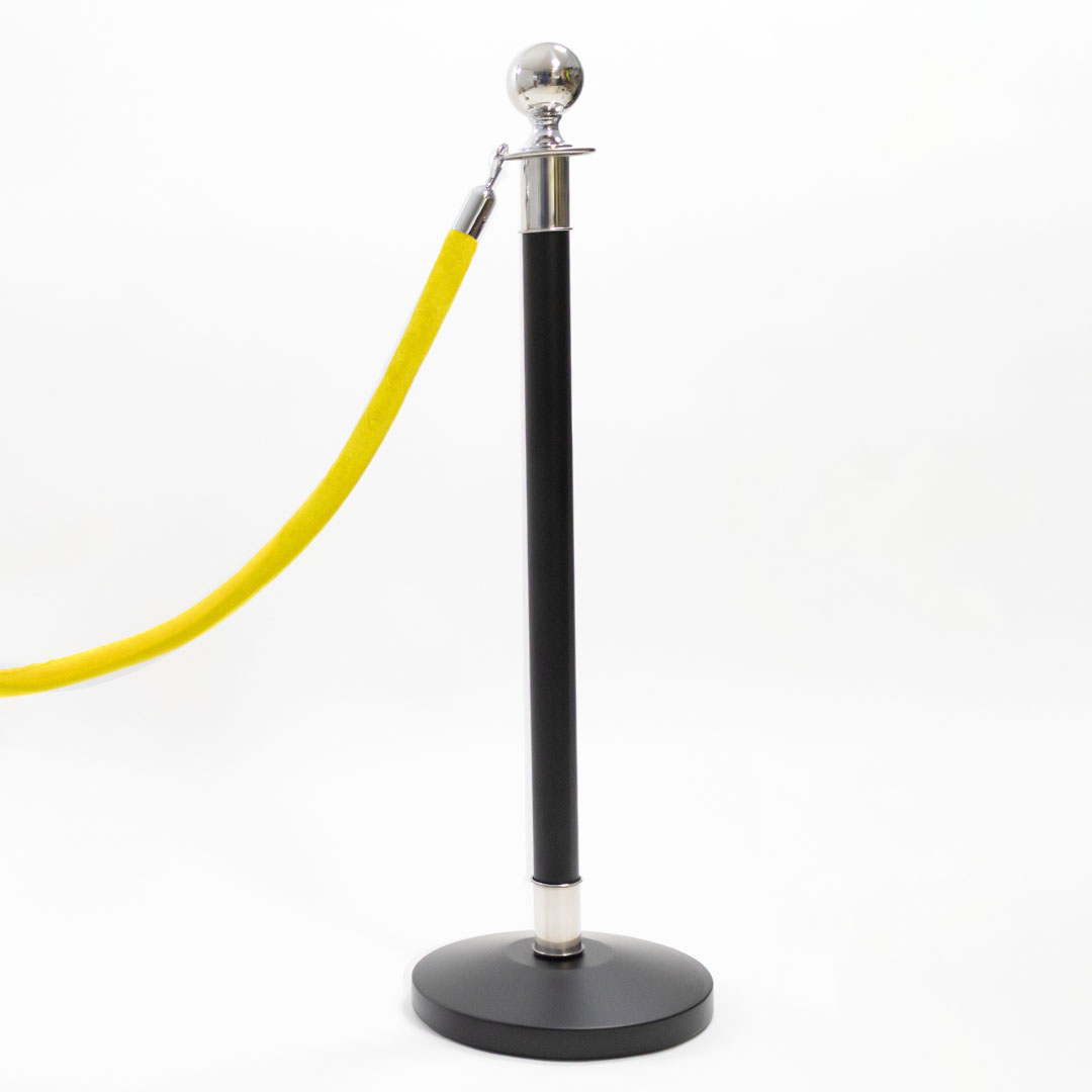 1 Silver Finish Black Stanchion Pole with 1 Yellow Gold Velvet Rope