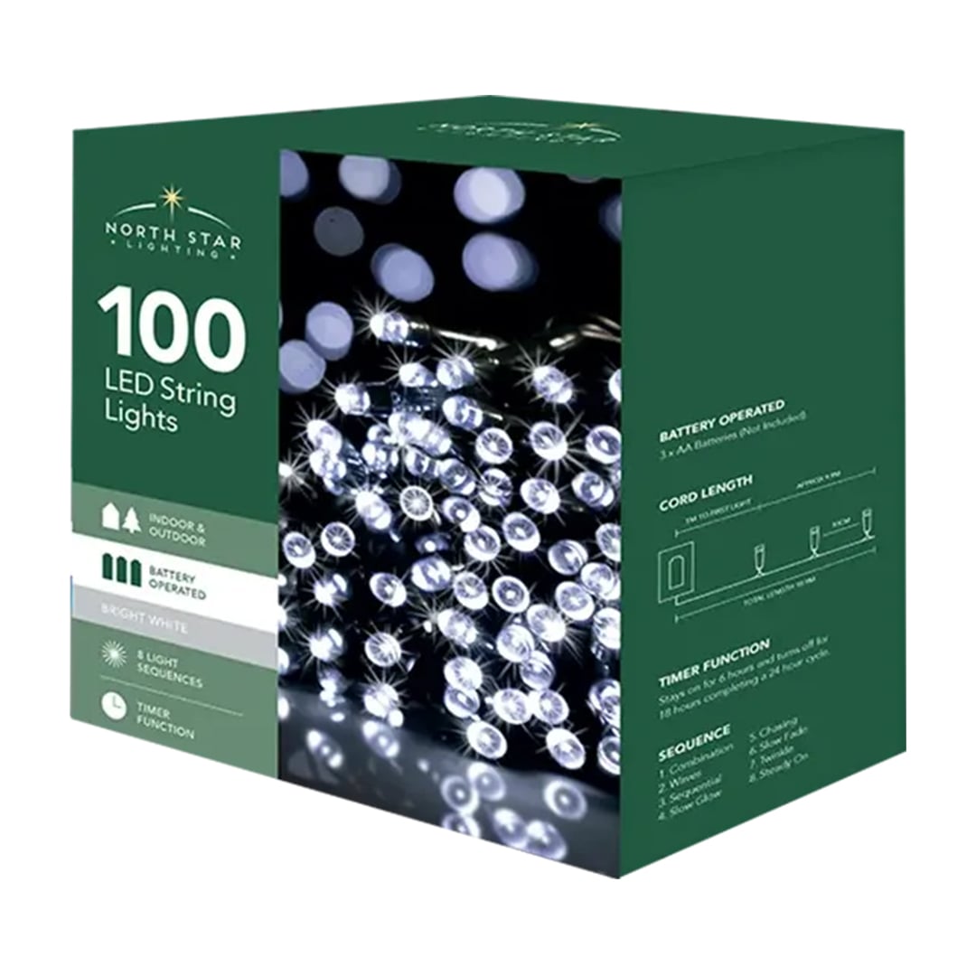 100 Bright White LED Battery Operated String Lights 10.9m