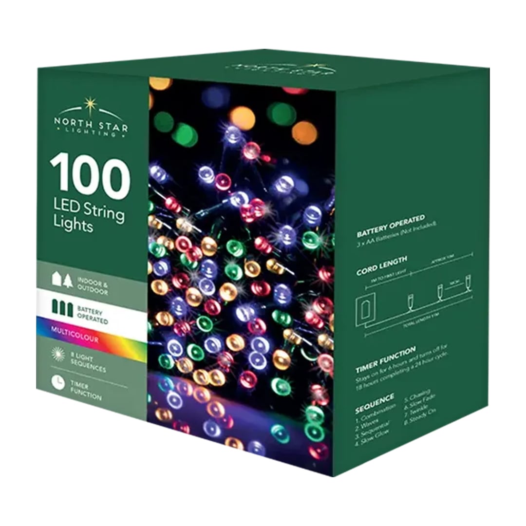 100 Multi Coloured LED Battery Operated String Lights 10.9m