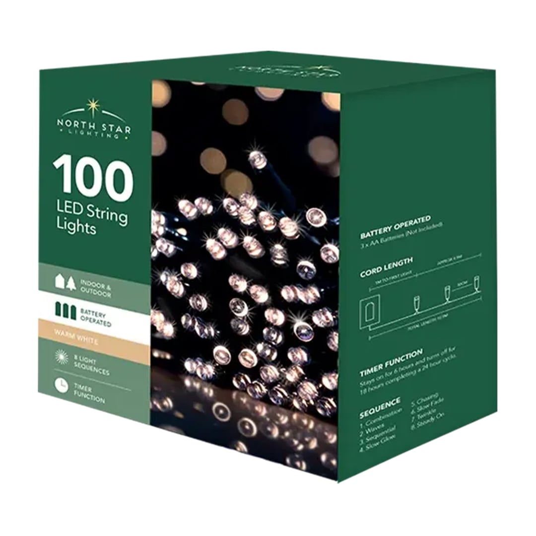 100 Warm White LED Battery Operated String Lights 10.9m