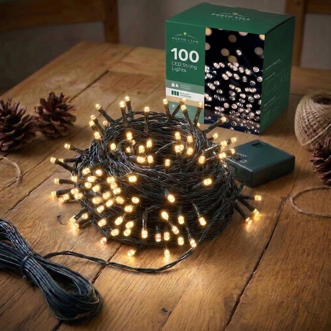 100 Warm White LED Battery Operated String Lights 11m