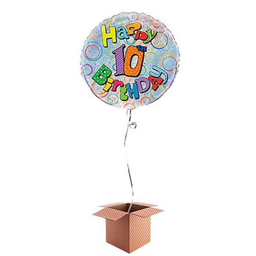 Happy 10th Birthday Holographic Round Foil Balloon - Inflated Balloon in a Box Product Gallery Image