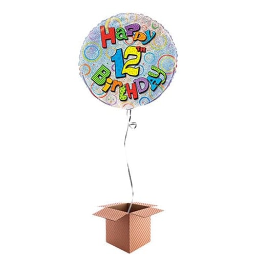 Happy 12th Birthday Holographic Round Foil Balloon - Inflated Balloon in a Box Product Image