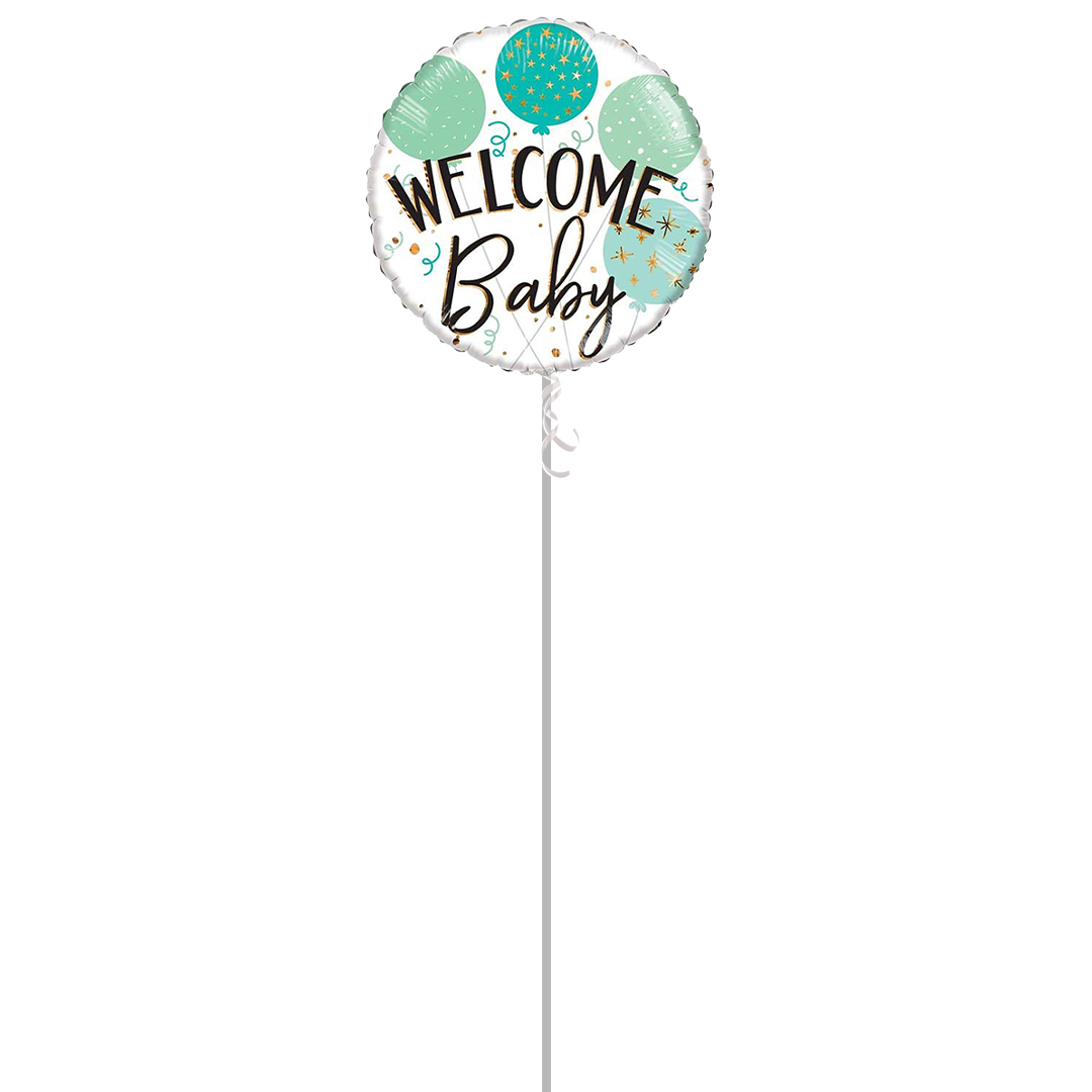 Welcome Baby Green Balloons Round ECO Foil Helium Balloon - Inflated Balloon in a Box