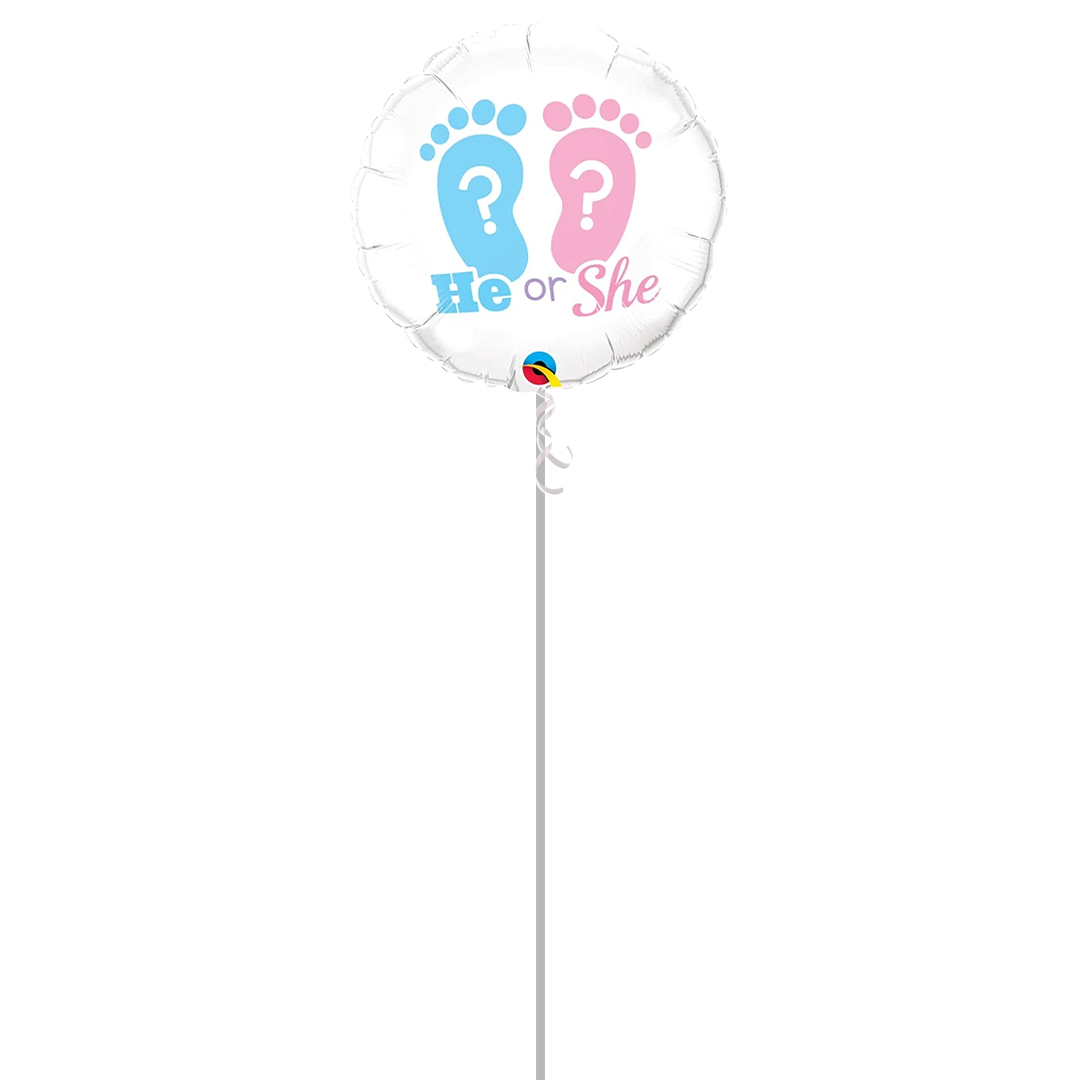 He Or She Footprints Gender Reveal Round Foil Helium Qualatex Balloon - Inflated Balloon in a Box
