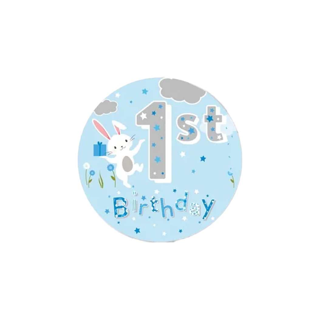 1st Birthday Baby Blue Bunny Small Badge 6cm