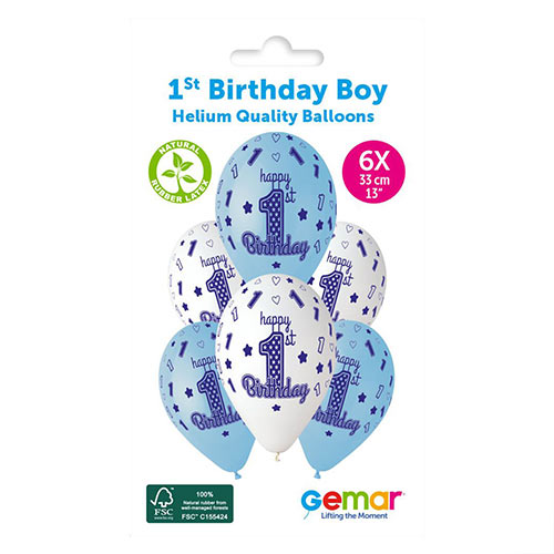 1st Birthday Blue Latex Balloons 33cm / 13 in - Pack of 6 Product Gallery Image