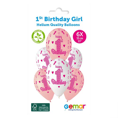 1st Birthday Pink Latex Balloons 33cm / 13 in - Pack of 6 Product Gallery Image