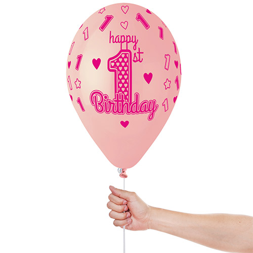 1st Birthday Pink Latex Balloons 33cm / 13 in - Pack of 6 Product Gallery Image
