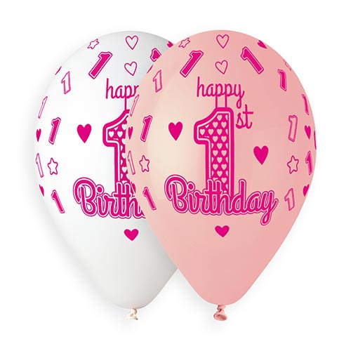 1st Birthday Pink Latex Balloons 33cm / 13 in - Pack of 6 Product Gallery Image
