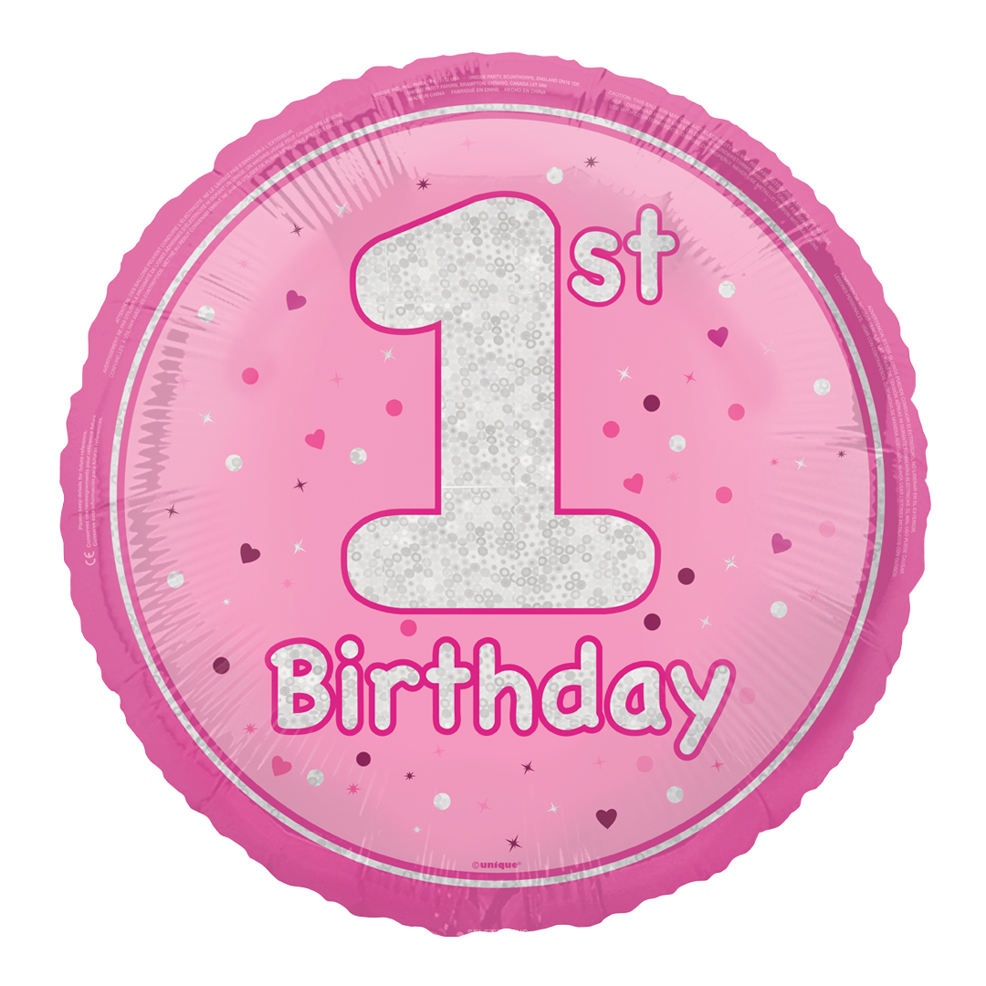 1st Birthday Pink Prism Round Foil Balloon 46cm / 18 in