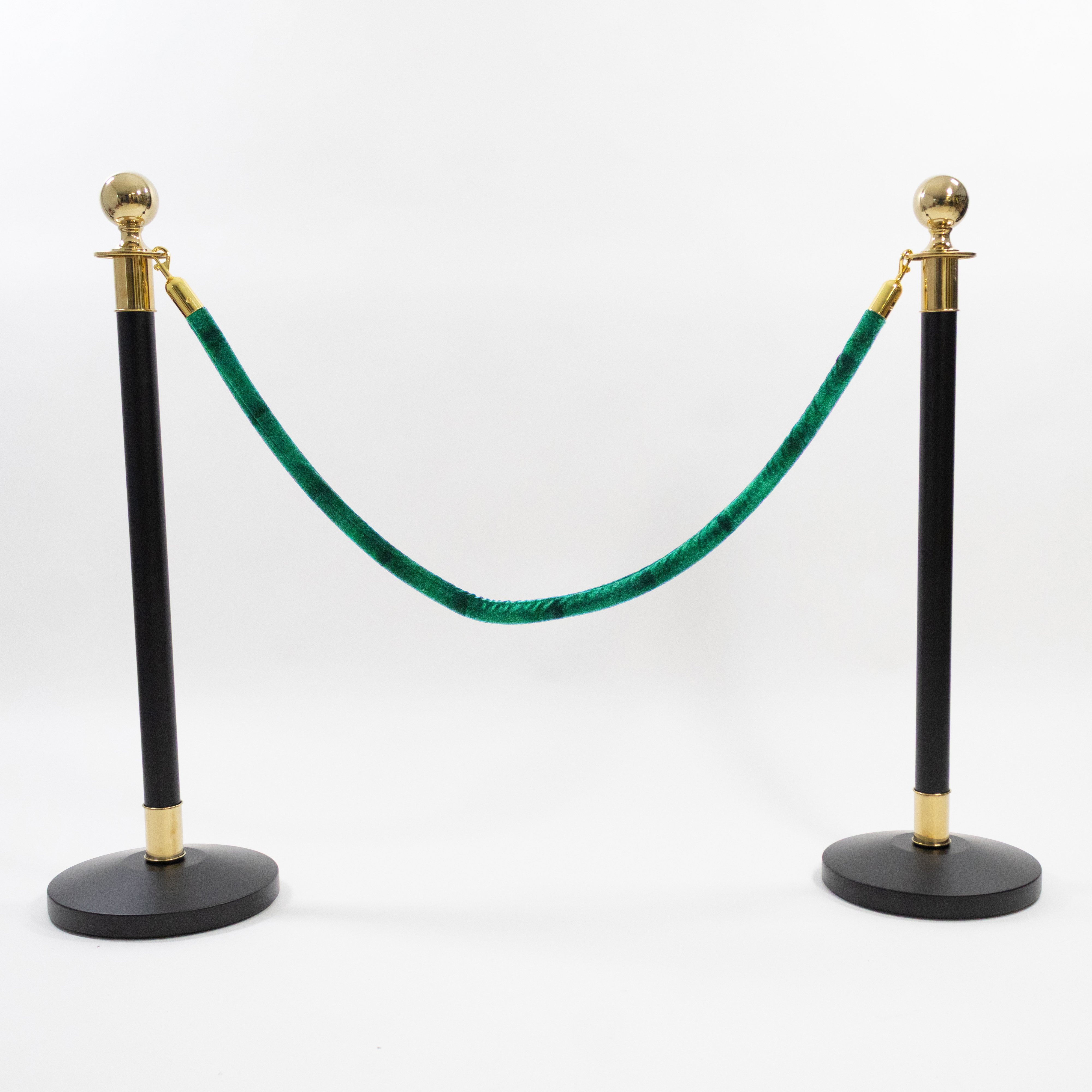 2 Gold Finish Black Stanchion Poles with 1 Dark Green Velvet Rope