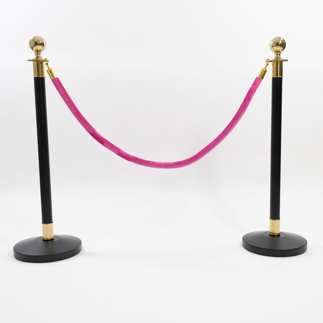2 Golden Finish Black Stanchion Poles with 1 Hot Pink Velvet Rope