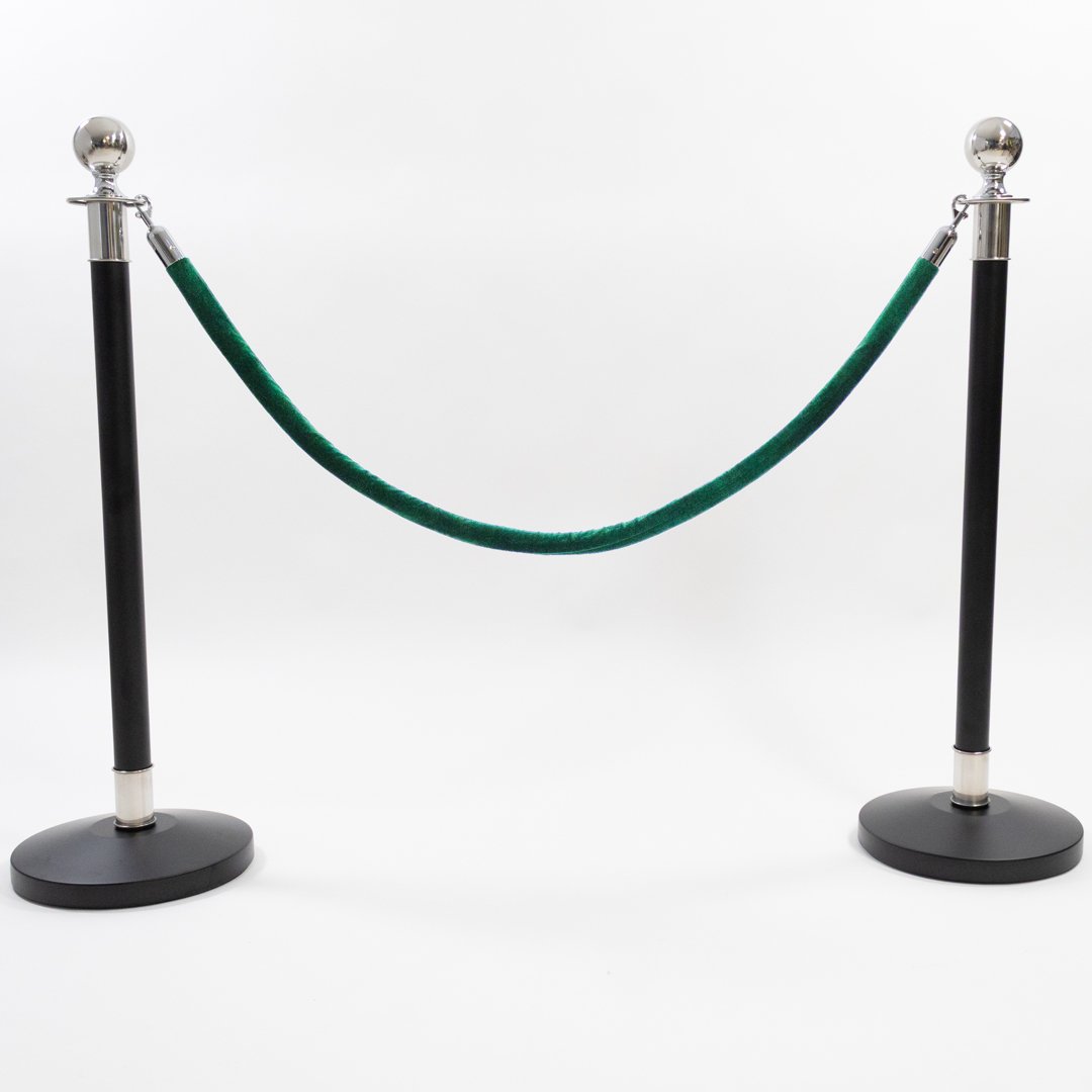 2 Silver Finish Black Stanchion Poles with 1 Dark Green Velvet Rope