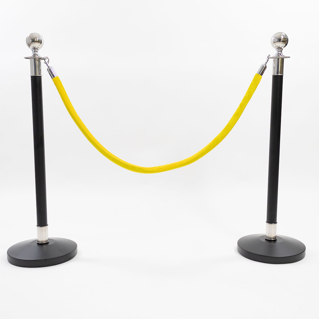 2 Silver Finish Black Stanchion Poles with 1 Yellow Gold Velvet Rope