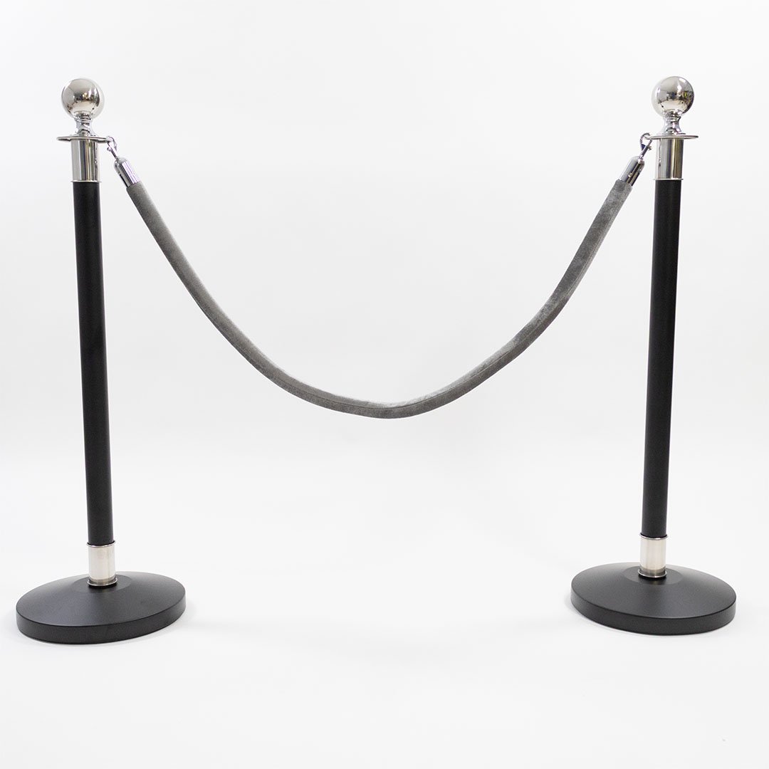 2 Silver Finish Black Stanchion Poles with 1 Grey Velvet Rope