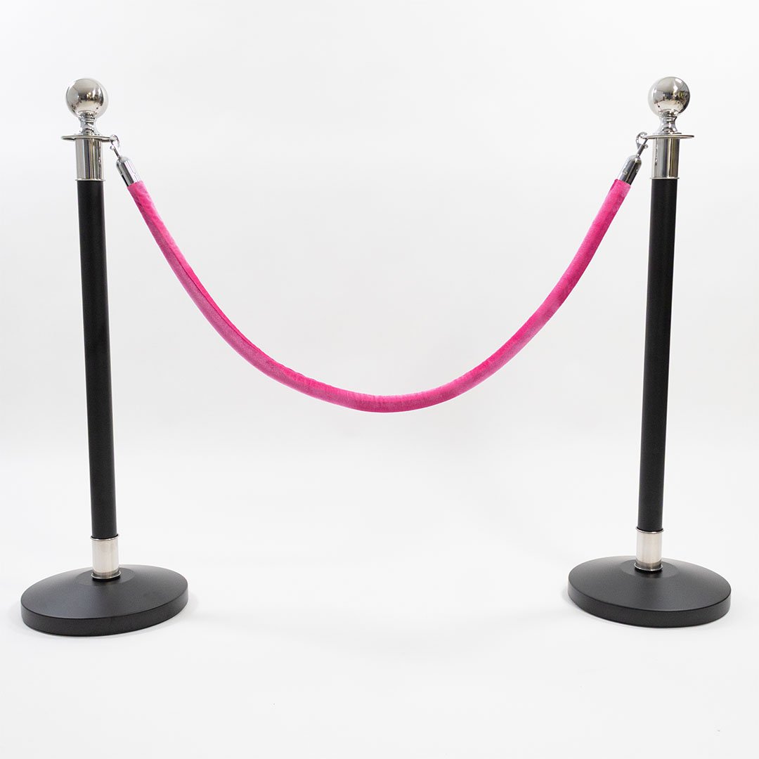 2 Silver Finish Black Stanchion Poles with 1 Hot Pink Velvet Rope