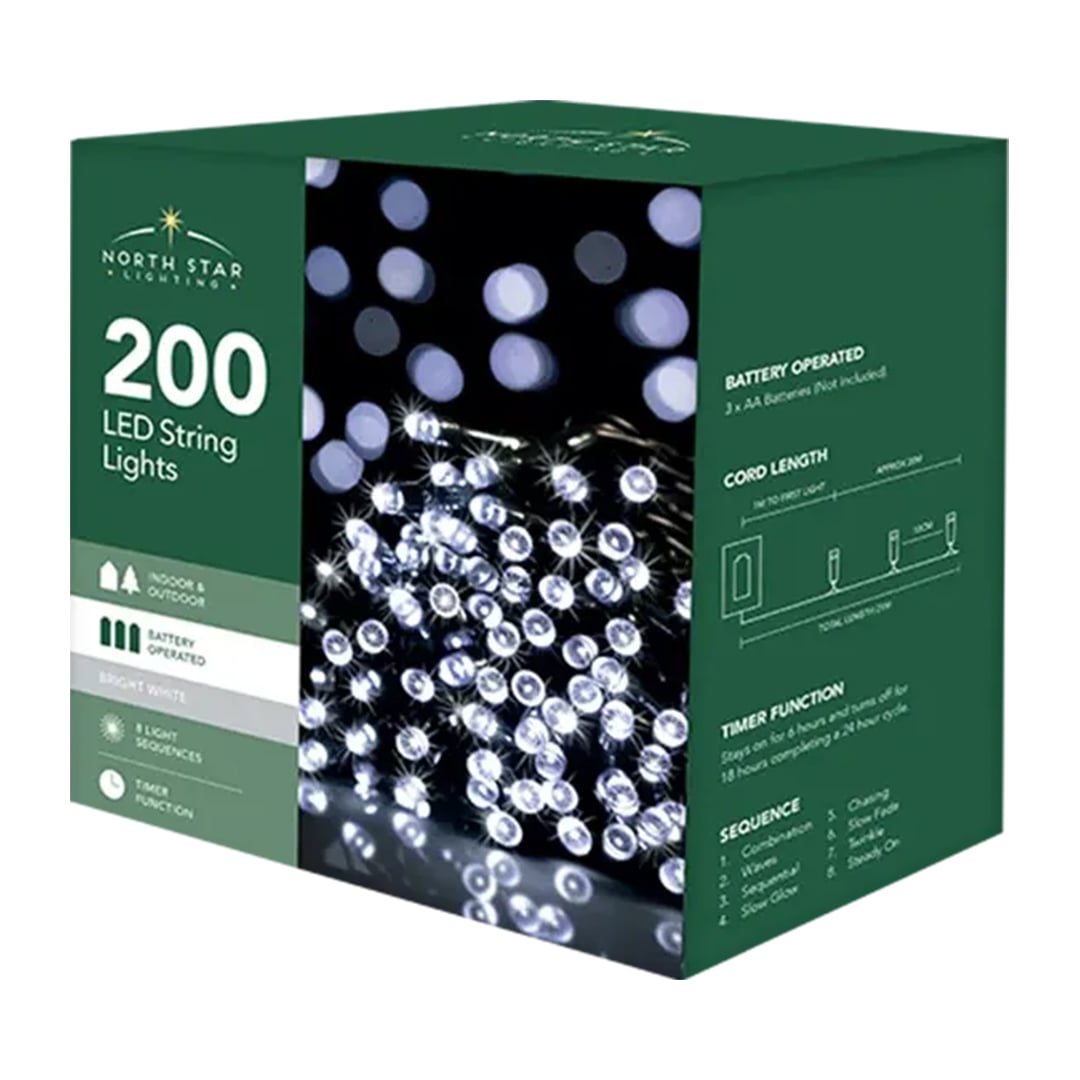 200 Bright White LED Battery Operated String Lights 20.9m