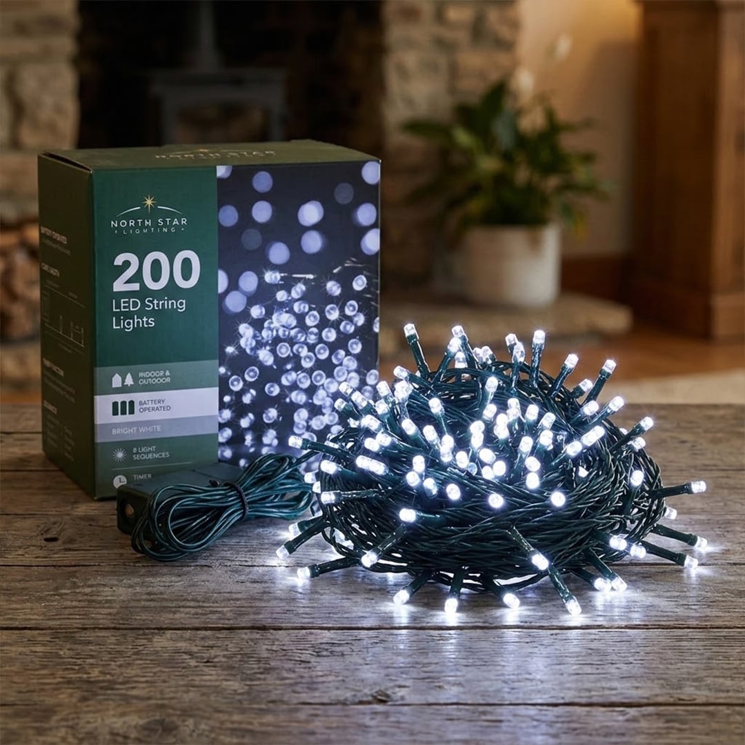 200 Bright White LED Battery Operated String Lights 21m