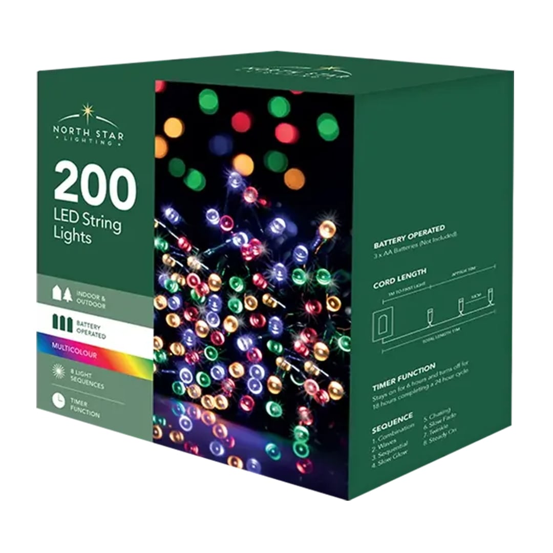 200 Multi Colour LED Battery Operated String Lights 20.9m