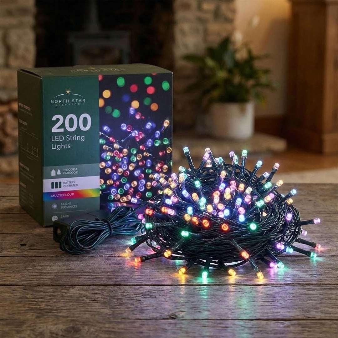 200 Multi Colour LED Battery Operated String Lights 20.9m