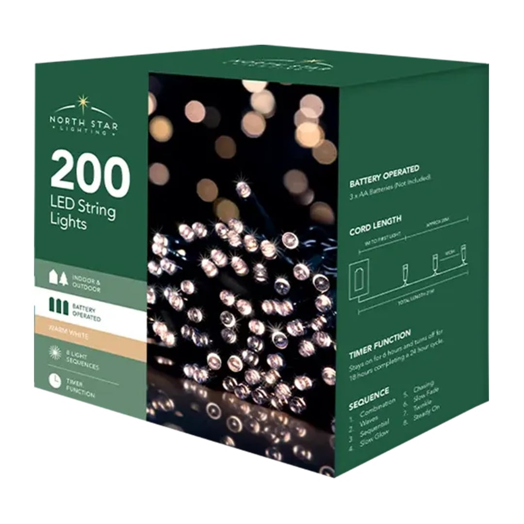 200 Warm White LED Battery Operated String Lights 20.9m