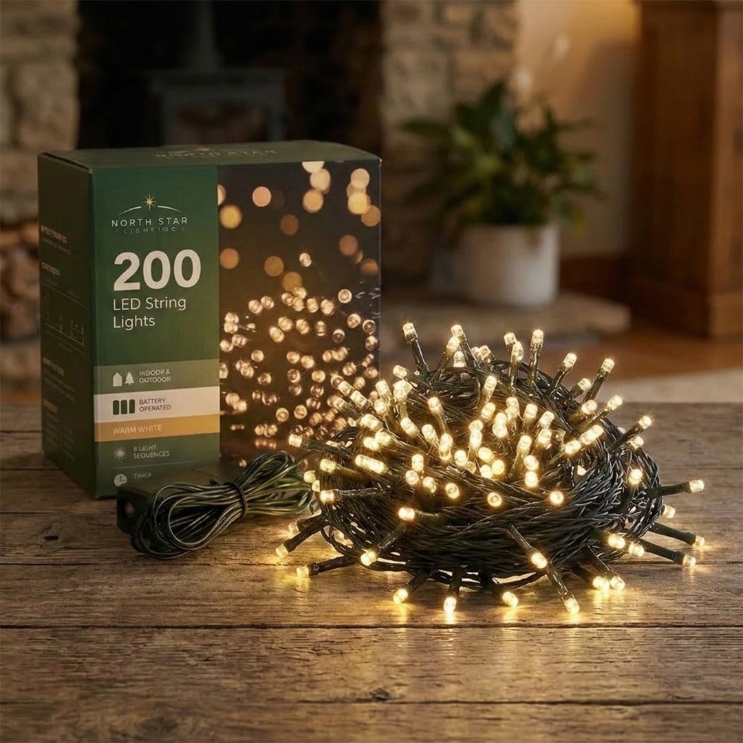 200 Warm White LED Battery Operated String Lights 21m