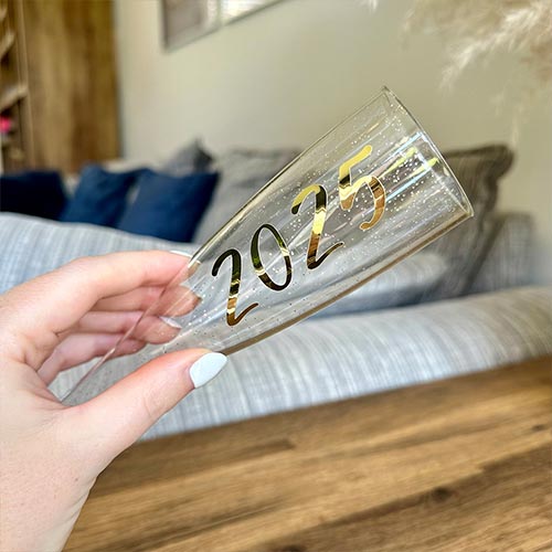 2025 New Year's Eve Party Champagne / Prosecco Clear with Gold Glitter Plastic Flute Product Gallery Image