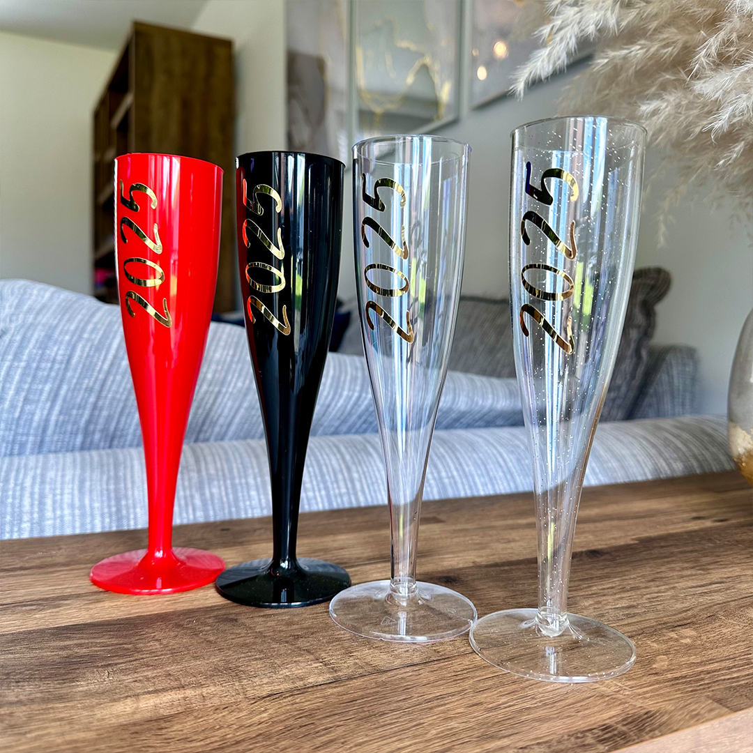2025 New Year's Eve Party Champagne / Prosecco Clear with Gold Glitter Plastic Flute Product Gallery Image
