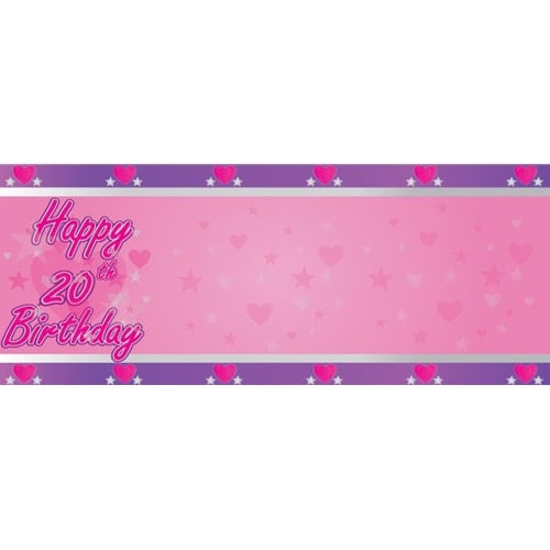 Happy 20th Birthday Faded Hearts Design Medium Personalised Banner - 6ft x 2.25ft