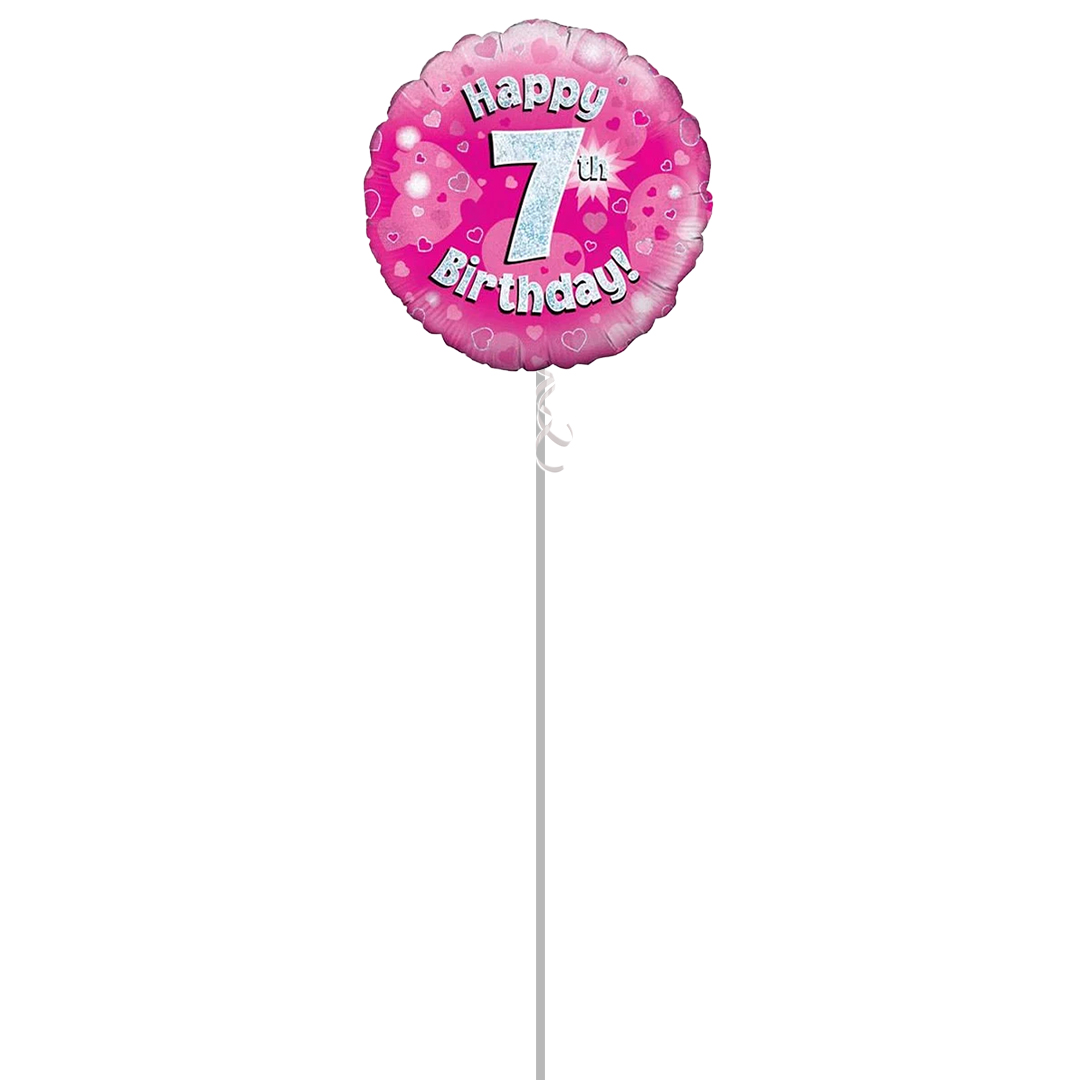 Pink Happy 7th Birthday Holographic Round Foil Helium Balloon - Inflated Balloon in a Box Product Gallery Image