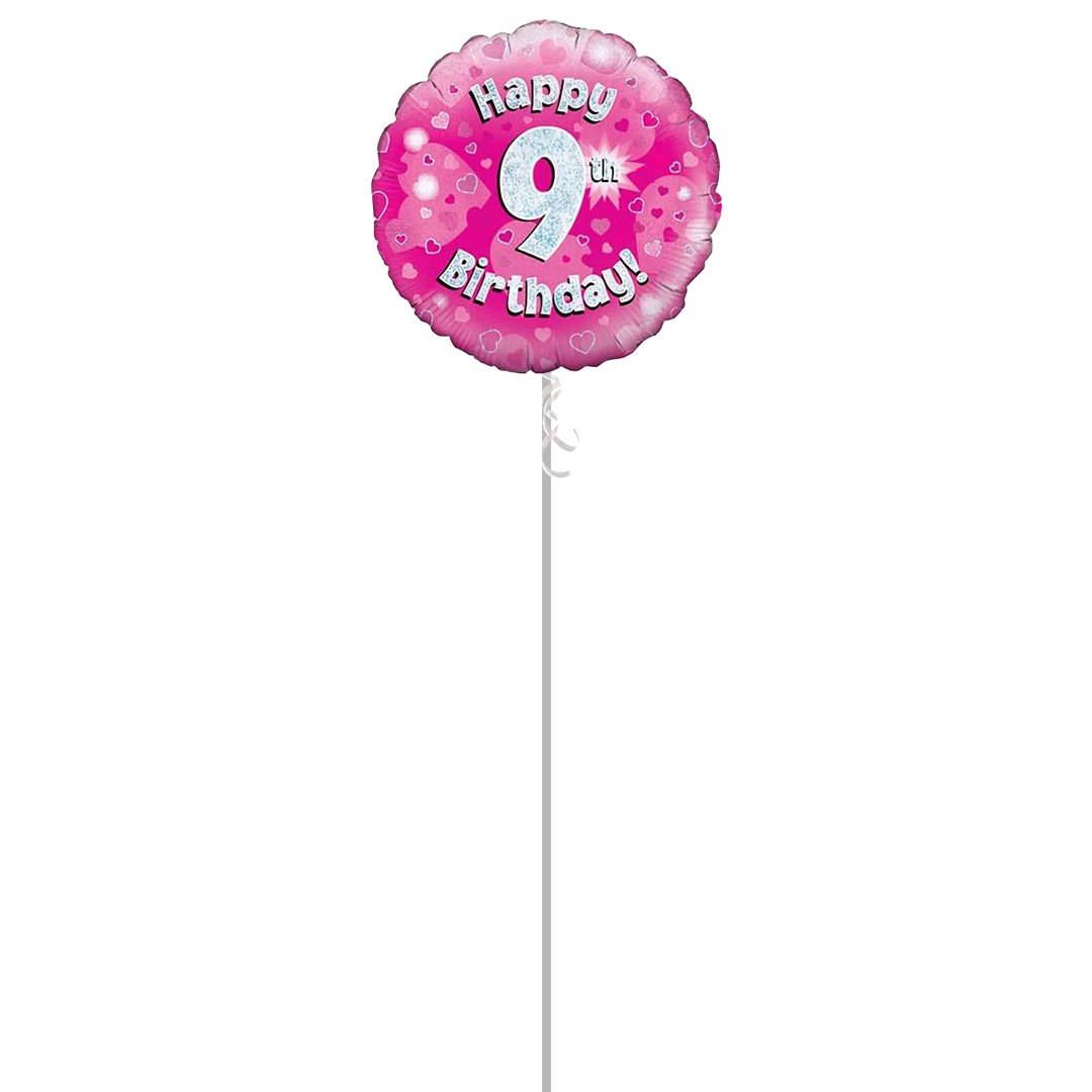 Pink Happy 9th Birthday Holographic Round Foil Helium Balloon - Inflated Balloon in a Box Product Gallery Image