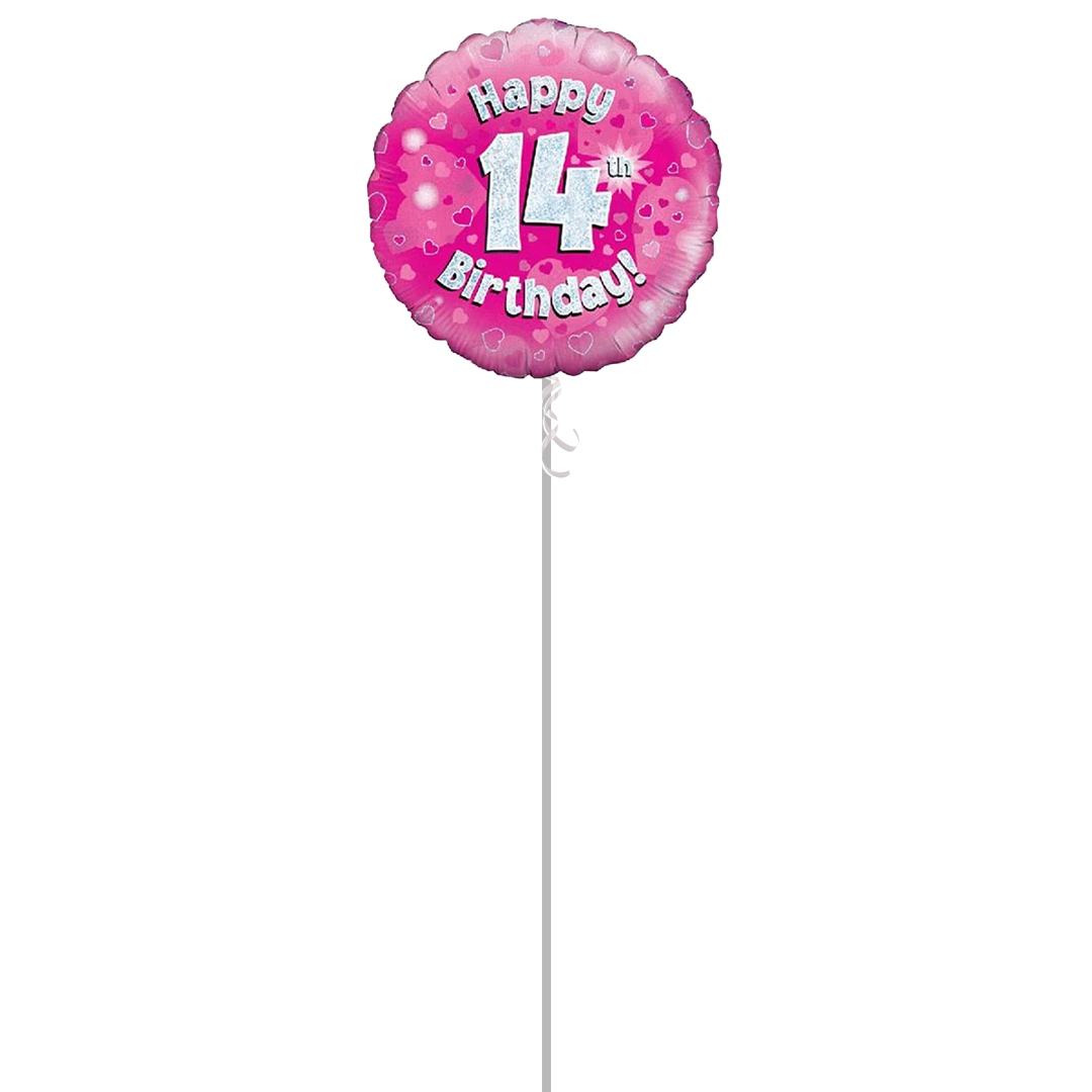 Pink Happy 14th Birthday Holographic Round Foil Helium Balloon - Inflated Balloon in a Box Product Gallery Image