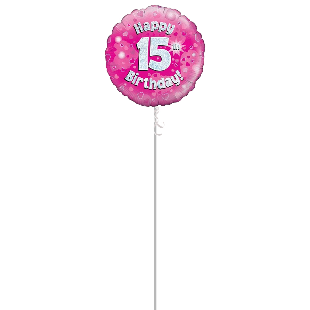 Pink Happy 15th Birthday Holographic Round Foil Helium Balloon - Inflated Balloon in a Box