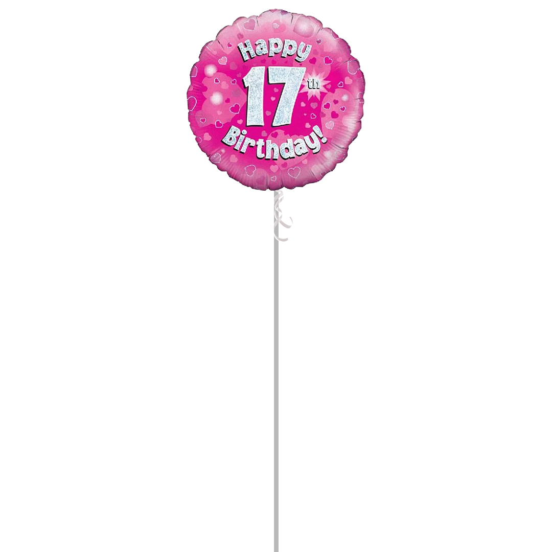 Pink Happy 17th Birthday Holographic Round Foil Helium Balloon - Inflated Balloon in a Box Product Gallery Image