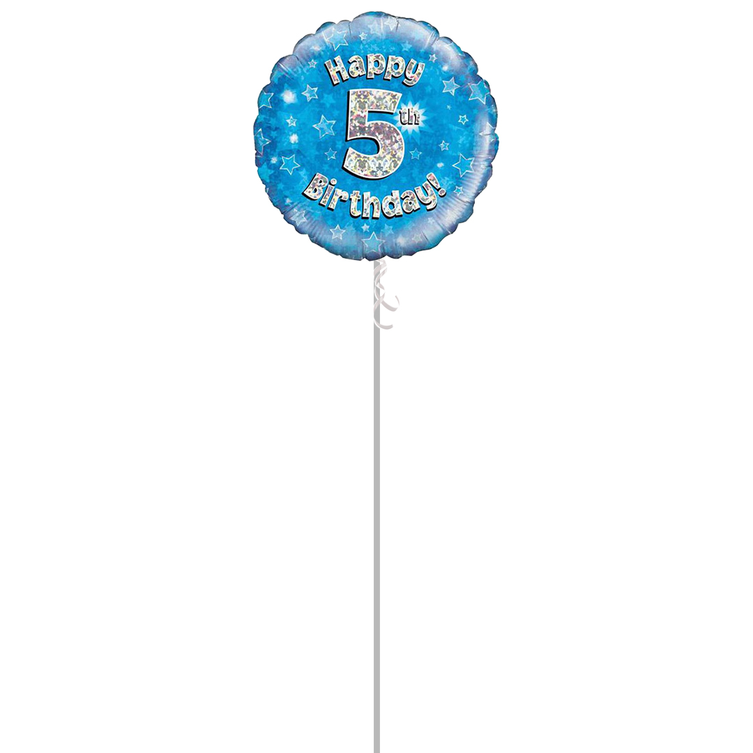 Blue Happy 5th Birthday Holographic Round Foil Helium Balloon - Inflated Balloon in a Box Product Gallery Image