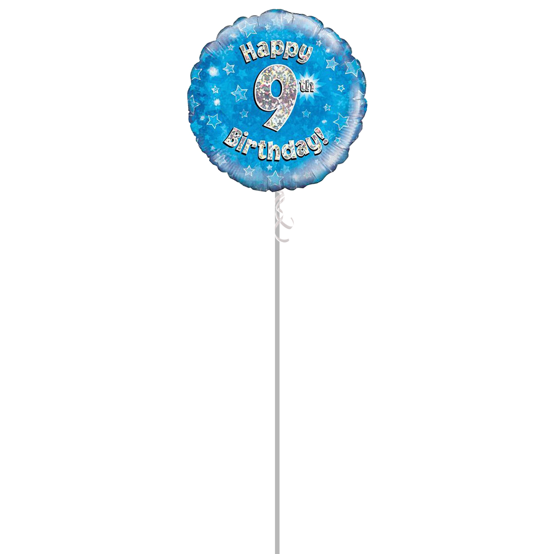 Blue Happy 9th Birthday Holographic Round Foil Helium Balloon - Inflated Balloon in a Box Product Gallery Image