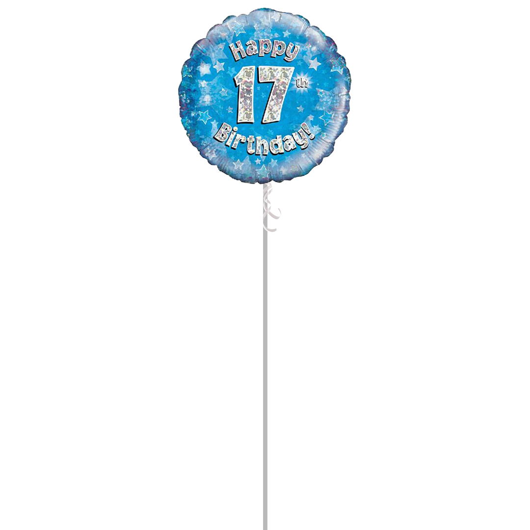Blue Happy 17th Birthday Holographic Round Foil Helium Balloon - Inflated Balloon in a Box Product Gallery Image
