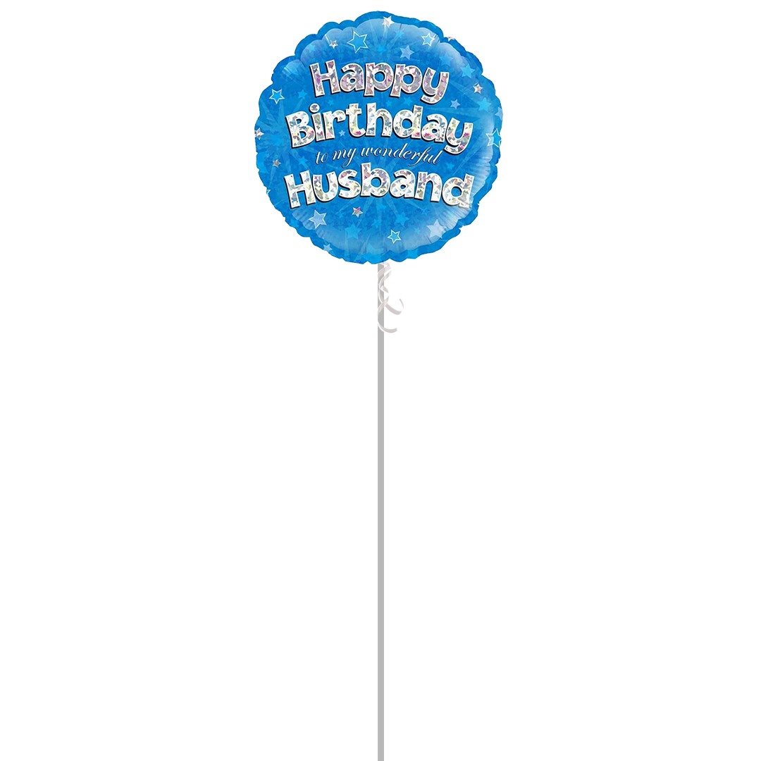 Happy Birthday Husband Blue Holographic Round Foil Helium Balloon - Inflated Balloon in a Box Product Gallery Image