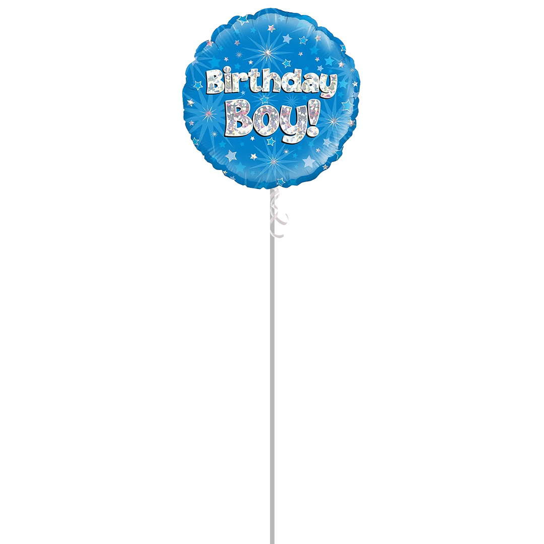 Birthday Boy Blue Holographic Round Foil Helium Balloon - Inflated Balloon in a Box Product Gallery Image
