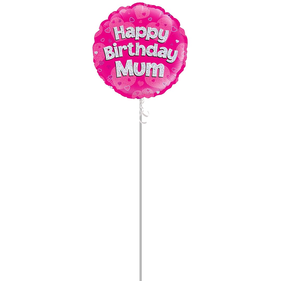 Happy Birthday Mum Pink Holographic Round Foil Helium Balloon - Inflated Balloon in a Box Product Gallery Image