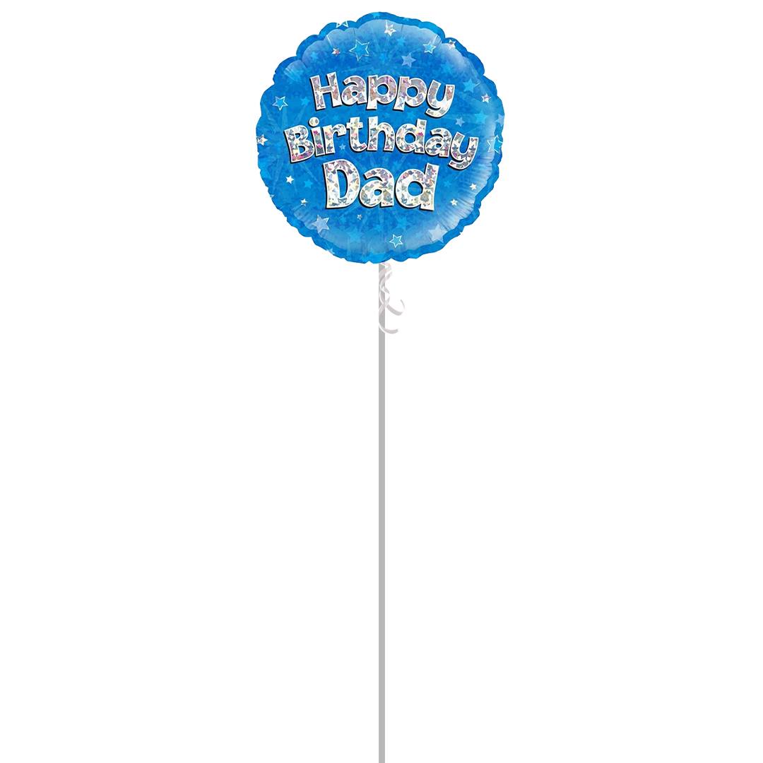 Happy Birthday Dad Blue Holographic Round Foil Helium Balloon - Inflated Balloon in a Box Product Gallery Image