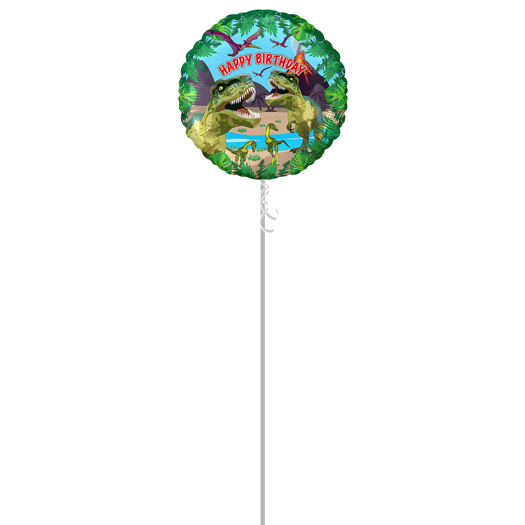 Happy Birthday Jurassic Dinosaur Metallic Round Foil Helium Balloon - Inflated Balloon in a Box